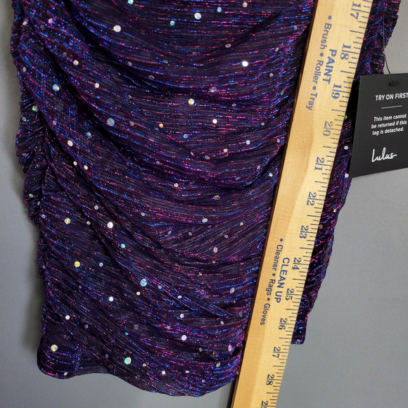 Lulus Mini Dress Womens XS Purple Sequin Ruched Bodycon Spaghetti Strap Party - Picture 6 of 11